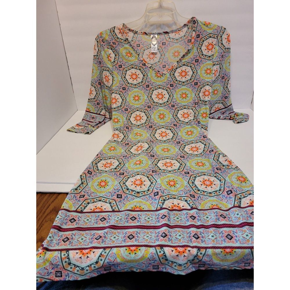 Honeyme Geometric Medallion Dress Womens Medium Multicolor Excellent 3/4 Sleeve